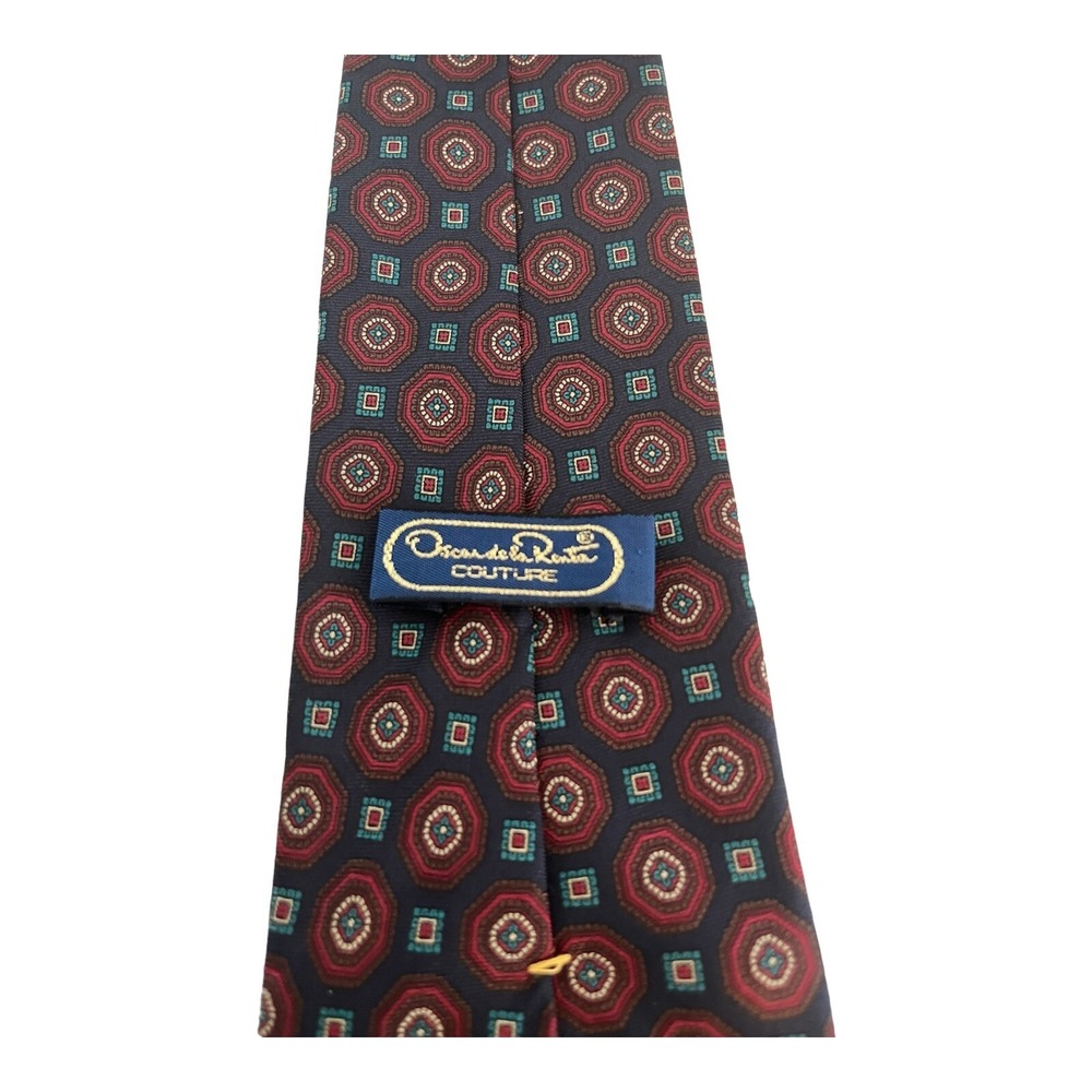 Vtg 80s Oscar de la Renta Couture Neck Tie Maroon Geometric Print Preppy Classic - Picture 4 of 5